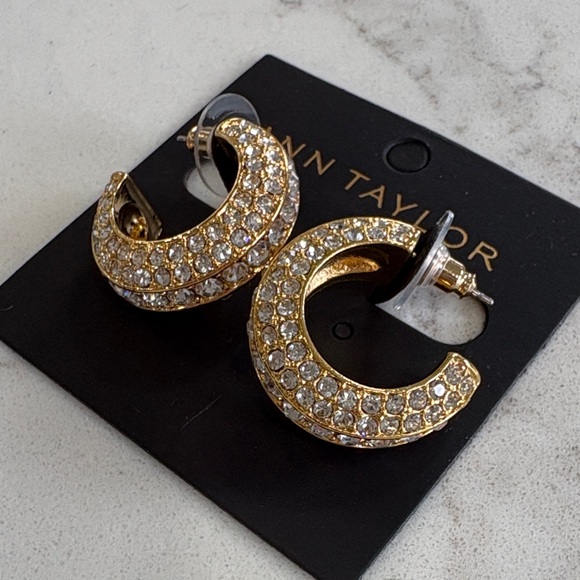 Ann Taylor Gold Crystal Rhinestone Pave Hoop Earrings - Picture 4 of 6